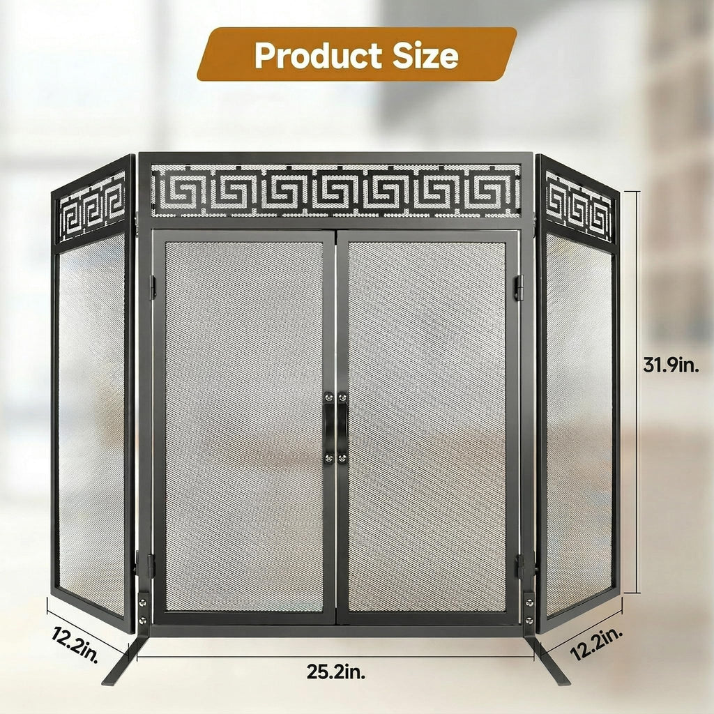 Nouetele Fireplace Screen with Doors, 3 Panel Fire Place Screens Stand Alone, Extra Large Heavy Duty Wrought Iron Spark Guard, Outdoor Metal Mesh Gate for Child Safety, Black 50" W x 32" H