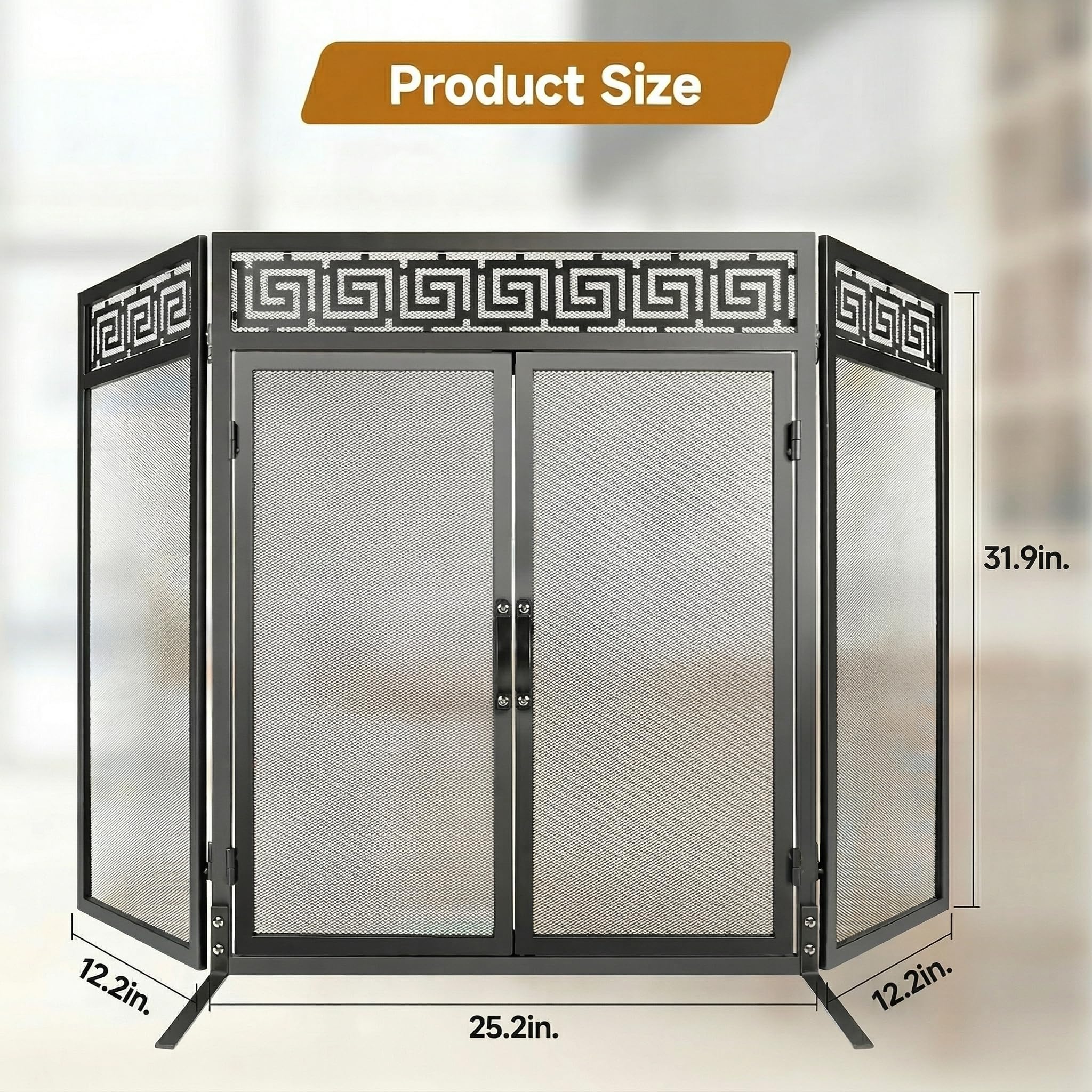 Nouetele Fireplace Screen with Doors, 3 Panel Fire Place Screens Stand Alone, Extra Large Heavy Duty Wrought Iron Spark Guard, Outdoor Metal Mesh Gate for Child Safety, Black 50" W x 32" H