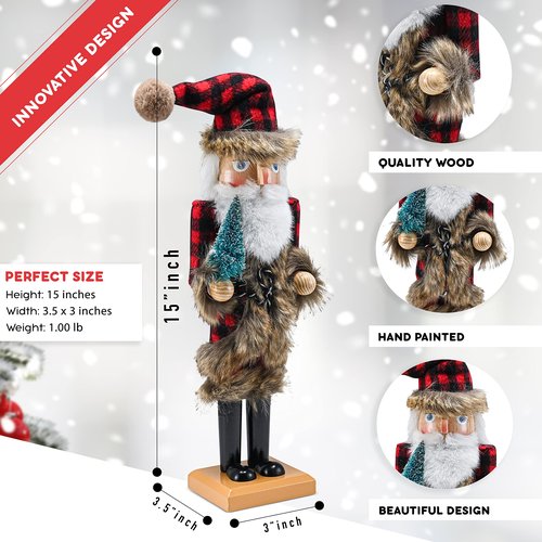 Ornativity Christmas Nostalgic Santa Nutcracker – Red and Black Wooden Nut Cracker Santa Clause Man with Buffalo Brown Fur Plaid Coat Holding a Xmas Tree Themed Holiday Doll Figure Decorations 15"