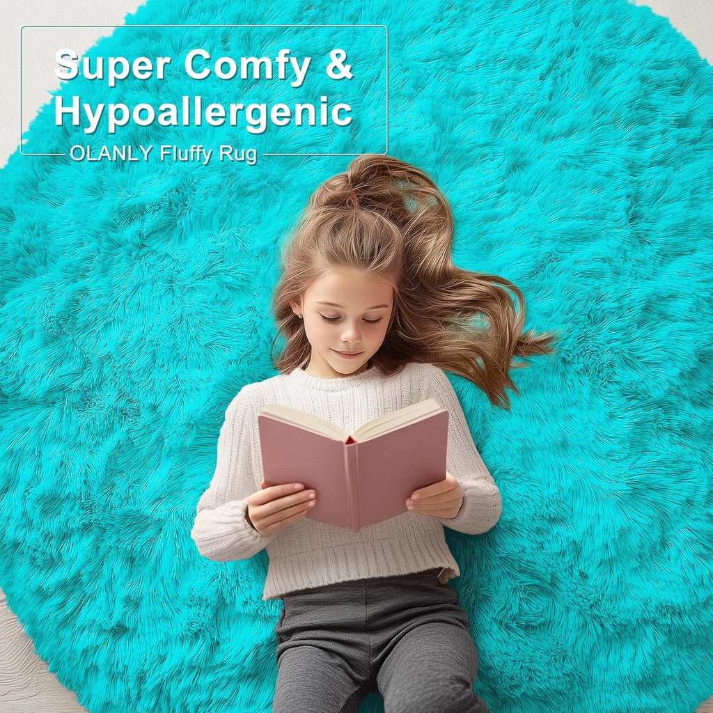 OLANLY Teal Blue Round Rug - Soft, Fluffy Shaggy Carpet | 7 ft Machine Washable Area Rug for Bedroom & Living Room Decor