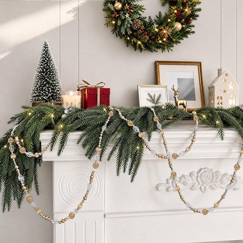 Golden 3pc 30ft Christmas Bead Garland Set - Gold Beaded Garland for Tree, Mantel & Wreath (Variation: Golden-3pcs)
