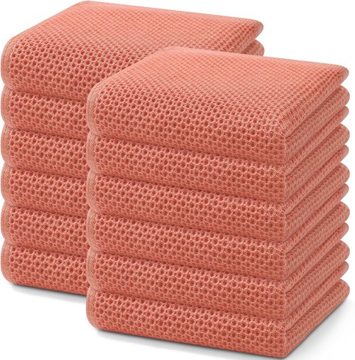 Homaxy 100% Cotton Waffle Weave Dish Towels - Ultra Soft & Absorbent Quick Drying | 13 x 28 Inches, 12-Pack, Coral