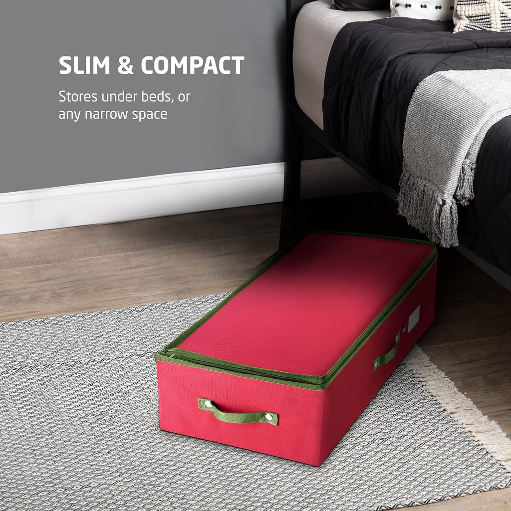 ZOBER Ornament Storage Box - Holds 64 3" Ornaments with Dividers - Durable Tear-Proof 600D Oxford Fabric | Red