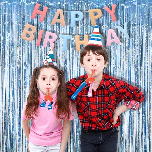 Blue Tinsel Curtain Streamers by [Brand Name] - Foil Fringe Party Backdrop for Engagement & Birthdays | 2 Pack 3.3x8.3ft