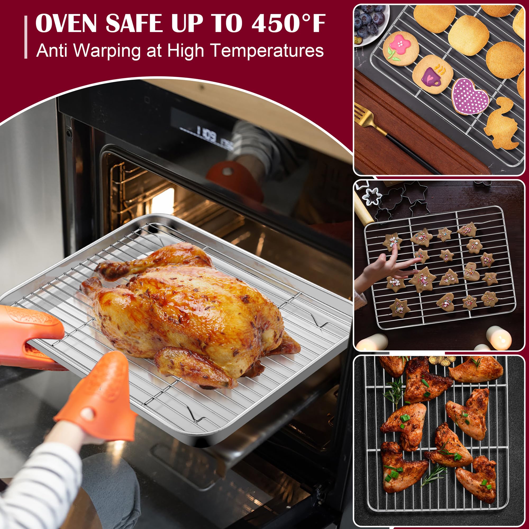 E-far Baking Sheet with Wire Rack (2 Pans + 2 Racks), Stainless Steel Cookie Sheets Pan & Cooling Rack for Baking Cookies/Jelly Rolls, Non Toxic & Heavy Duty, Oven & Dishwasher Safe, 16 x 12 x 1 Inch