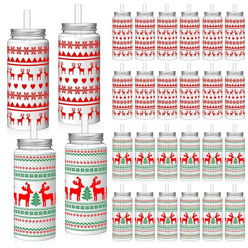 Elk Christmas 24 Pcs 13.5 oz Reusable Plastic Cups with Lids & Straws - Variations Included