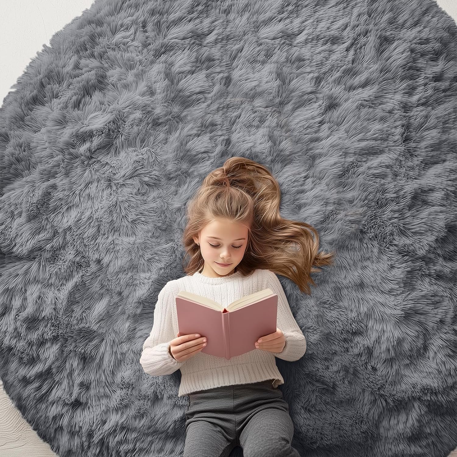 OLANLY Round Light Grey Area Rug - Soft, Fluffy, Machine Washable 6 ft Circle Carpet for Bedrooms & Nurseries