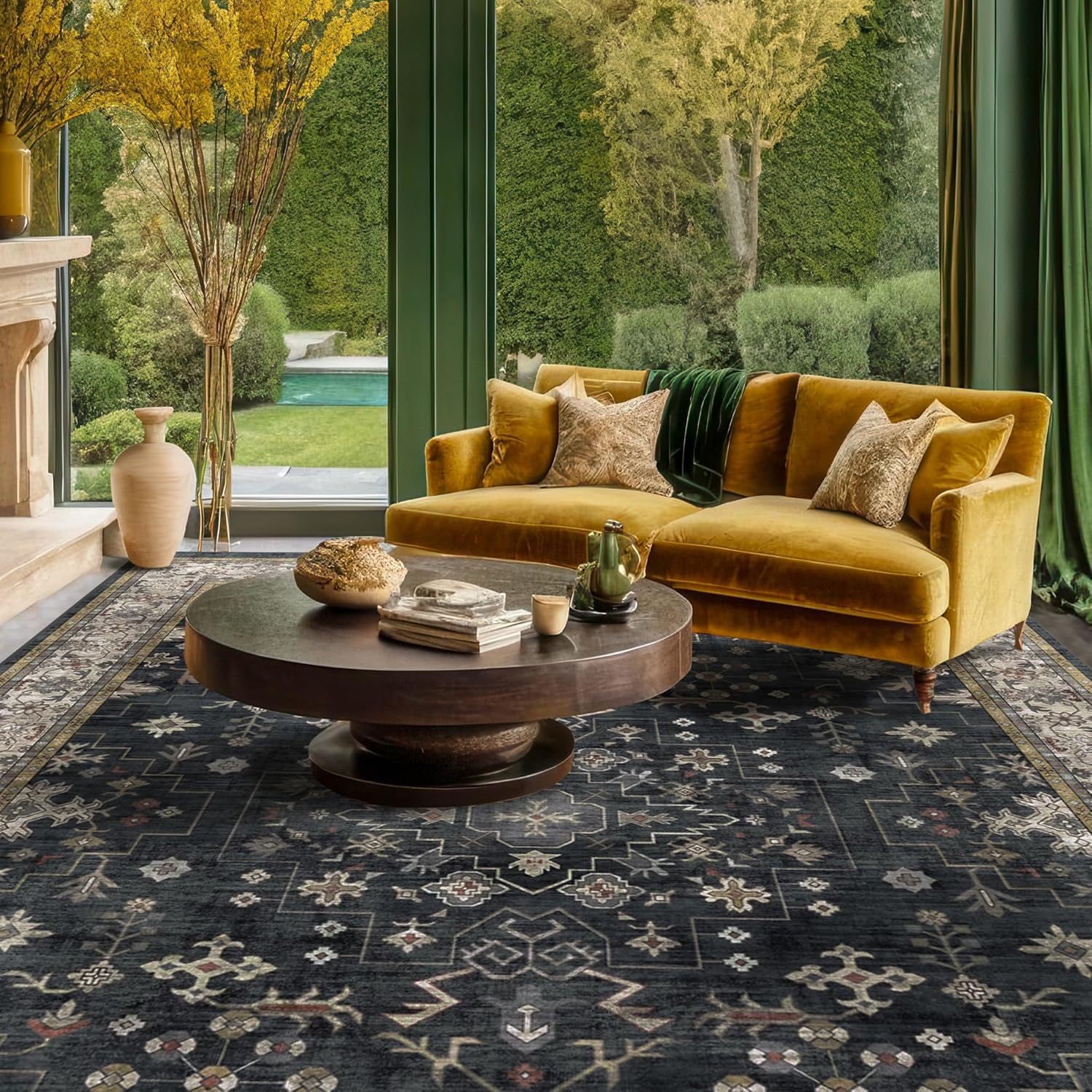 Skiennix Black Farmhouse Area Rug - Washable 8x10 for Living Room, Bedroom & Dining Room | Stain Resistant Non-Slip