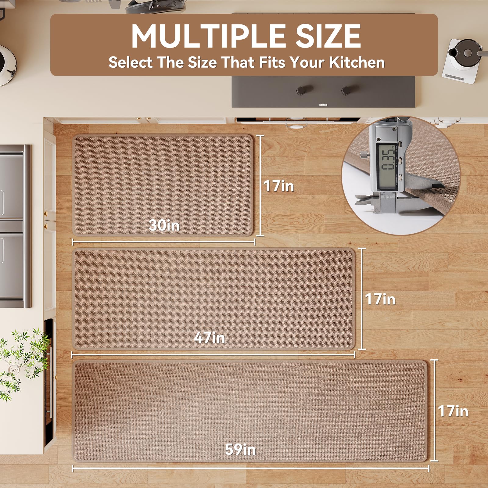 YDKGL Kitchen Mat Kitchen Rugs Sets of 2 PCS Non Slip Washable, Linen-Like 0.3" Thick Cushioned Absorbent Kitchen Mats for Floor, Mild Anti-Fatigue Sink Laundry Standing Mat, Brown 17"x30"+17"x59"