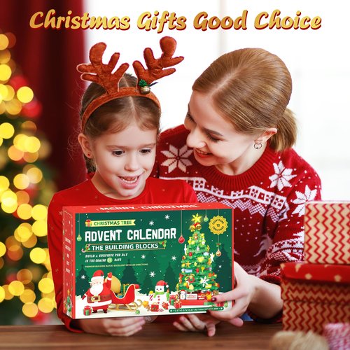 Advent Calendar 2025 Christmas Tree Building Toy Set with LED light, Christmas Countdown Calendar, 24 Days Building Block for Kids Adult Creative Gifts for Adults Teens Girls Ages 8+