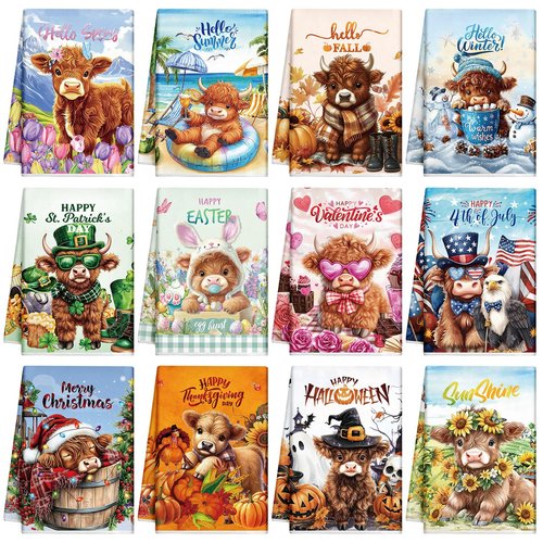 Peryiter 12 Pcs Seasonal Kitchen Towels Set for All Holidays, Seasonal Hand Dish Tea Towels Bulk Absorbent Dishcloths Housewarming Gift for Kitchen Bathroom(Highland Cow)