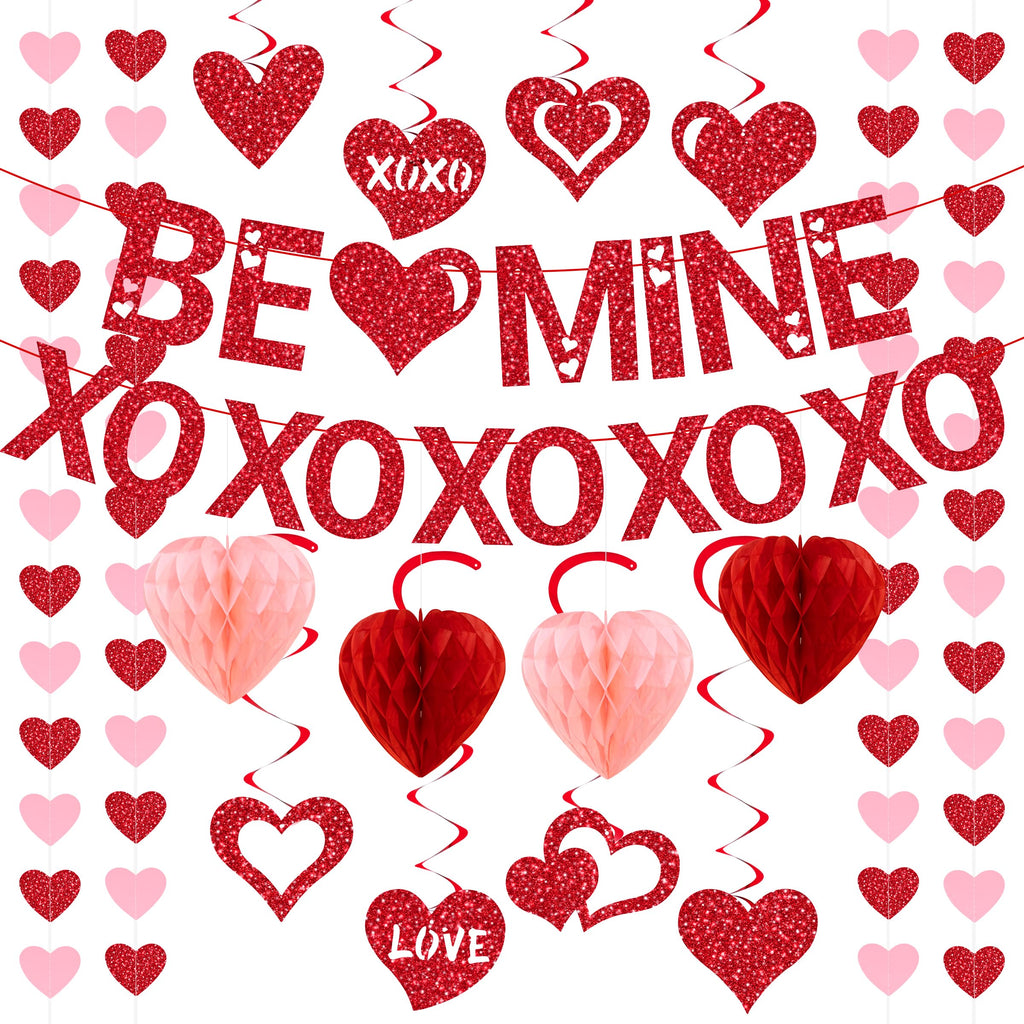 Pre-Strung Valentines Day Decorations, Red BE Mine XO Valentine's Banner,Heart Garlands & Hanging Swirls & Heart Honeycomb for Party Supplies, Valentines Decor Home Anniversary Wedding Bedroom