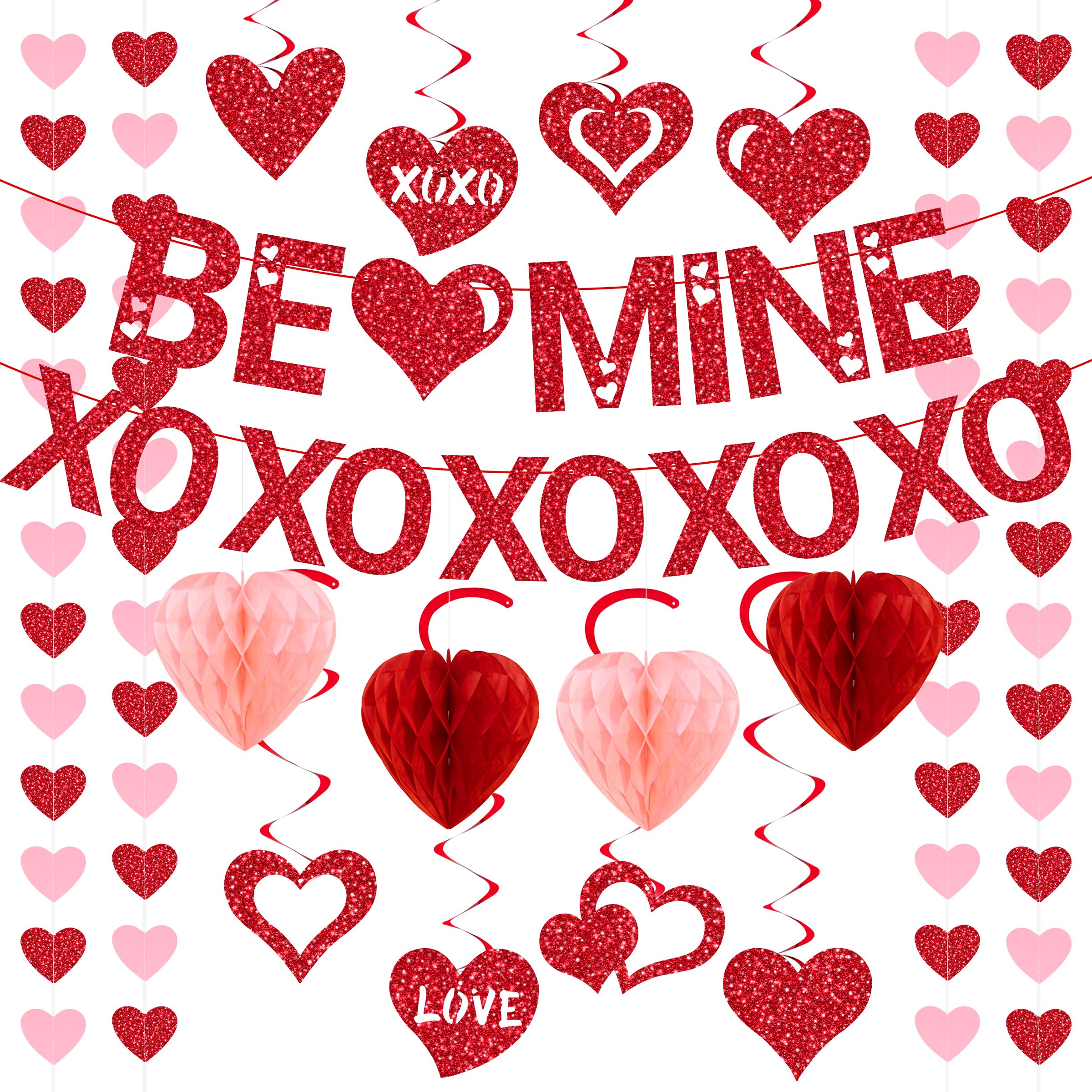 Pre-Strung Valentines Day Decorations, Red BE Mine XO Valentine's Banner,Heart Garlands & Hanging Swirls & Heart Honeycomb for Party Supplies, Valentines Decor Home Anniversary Wedding Bedroom