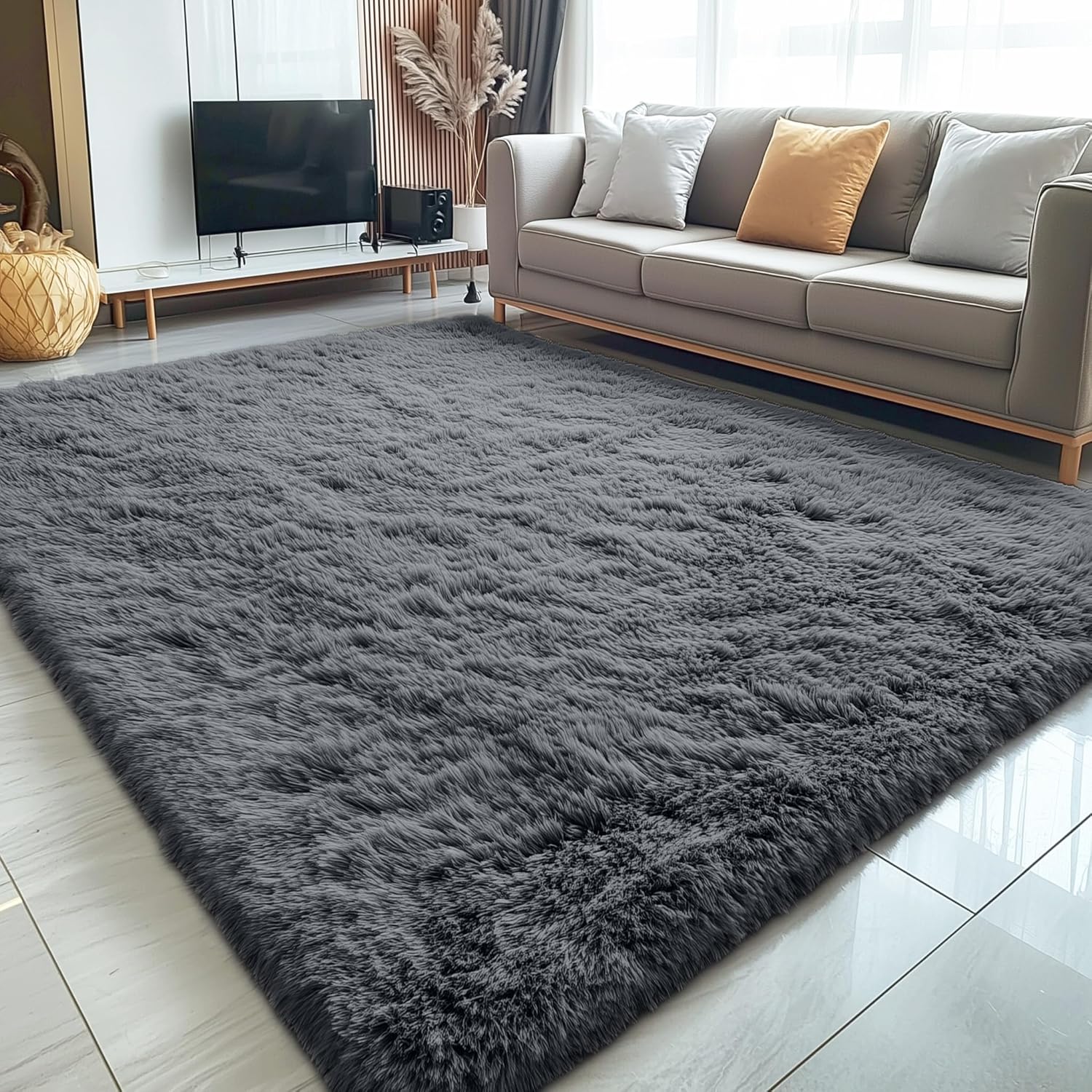 OLANLY Large Area Rug - Soft, Fluffy Shaggy Carpet for Living Room & Bedroom | 5x11 ft, Grey