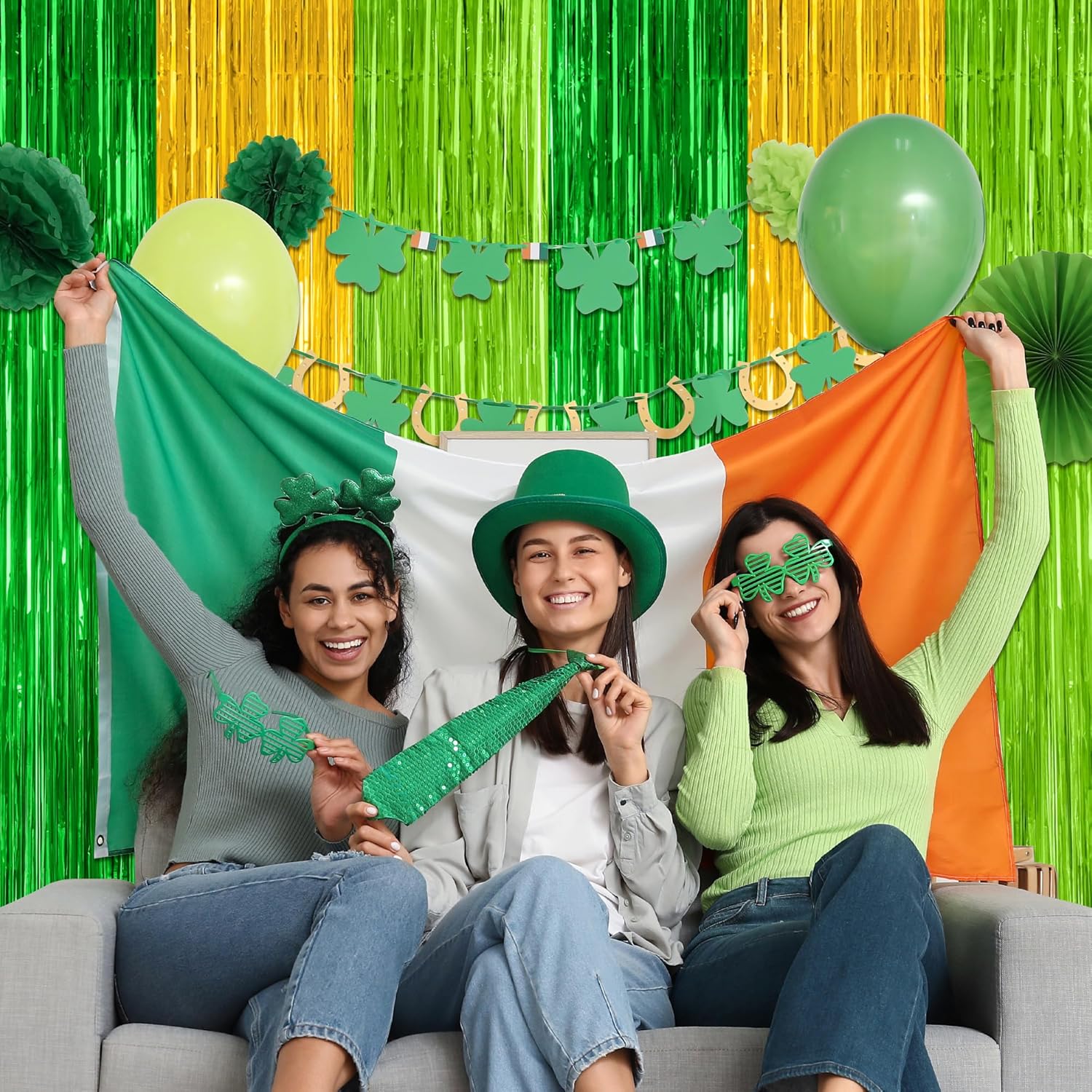 St. Patrick's Day Party Decorations - 2 Pack Green & Gold Backdrop Curtains | 3.28 FT x 7.05 FT Tinsel Streamers