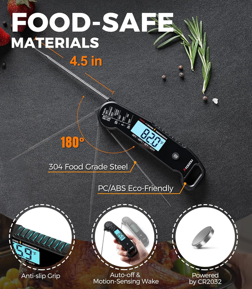 Atogou Meat Thermometer - Professional Instant Read Food Thermometer | Waterproof, ±0.5℉ Accuracy, Black