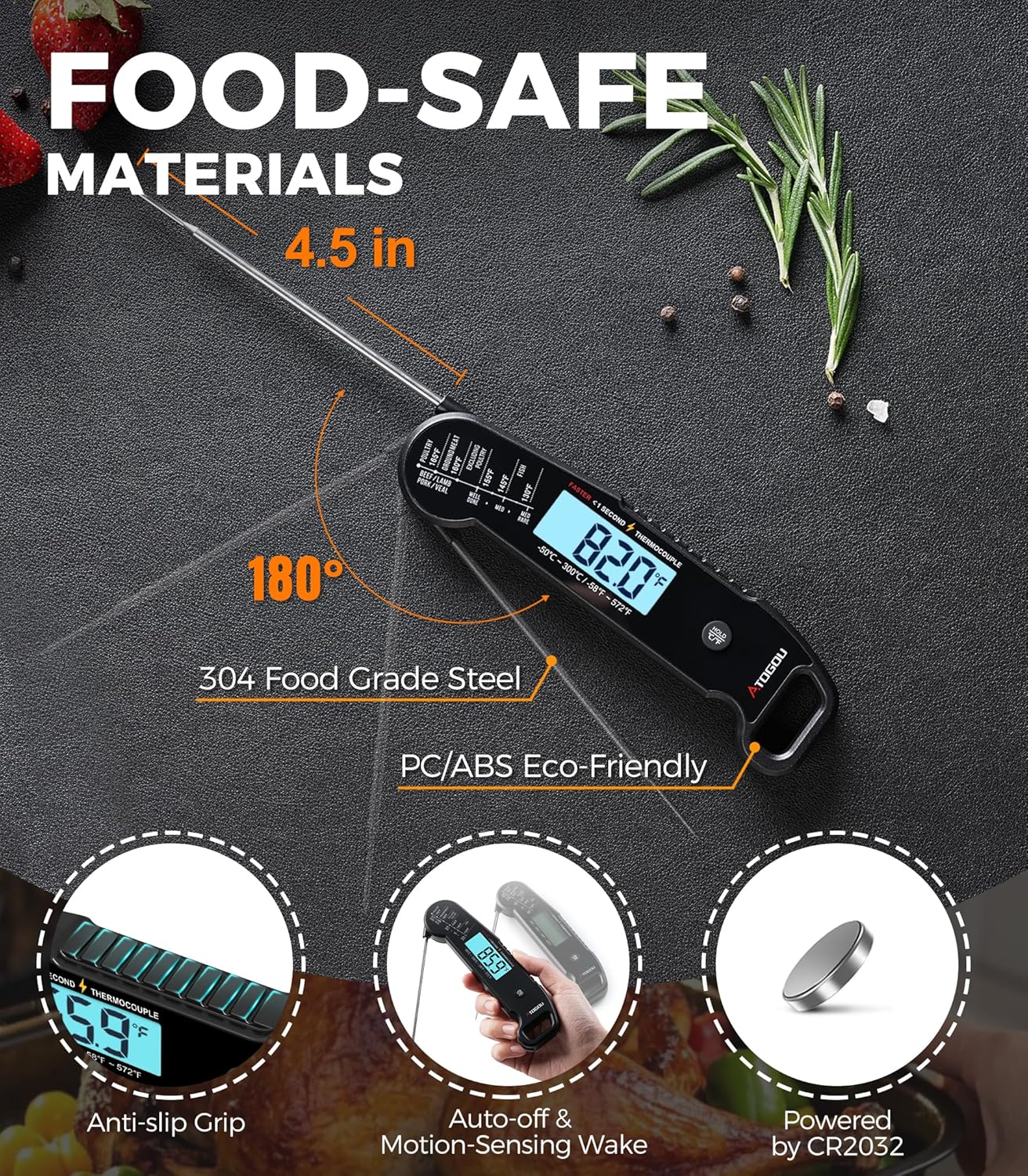 Atogou Meat Thermometer - Professional Instant Read Food Thermometer | Waterproof, ±0.5℉ Accuracy, Black