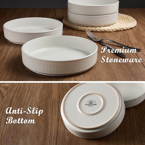 E-far Pasta Bowls Set of 4, 35oz Large Salad Bowl Plate for Dinner Serving Soup, Wide & Shallow Ceramic Stoneware Pasta Plates, Microwave & Dishwasher Safe, Textured Stripes & Speckled White, 8”