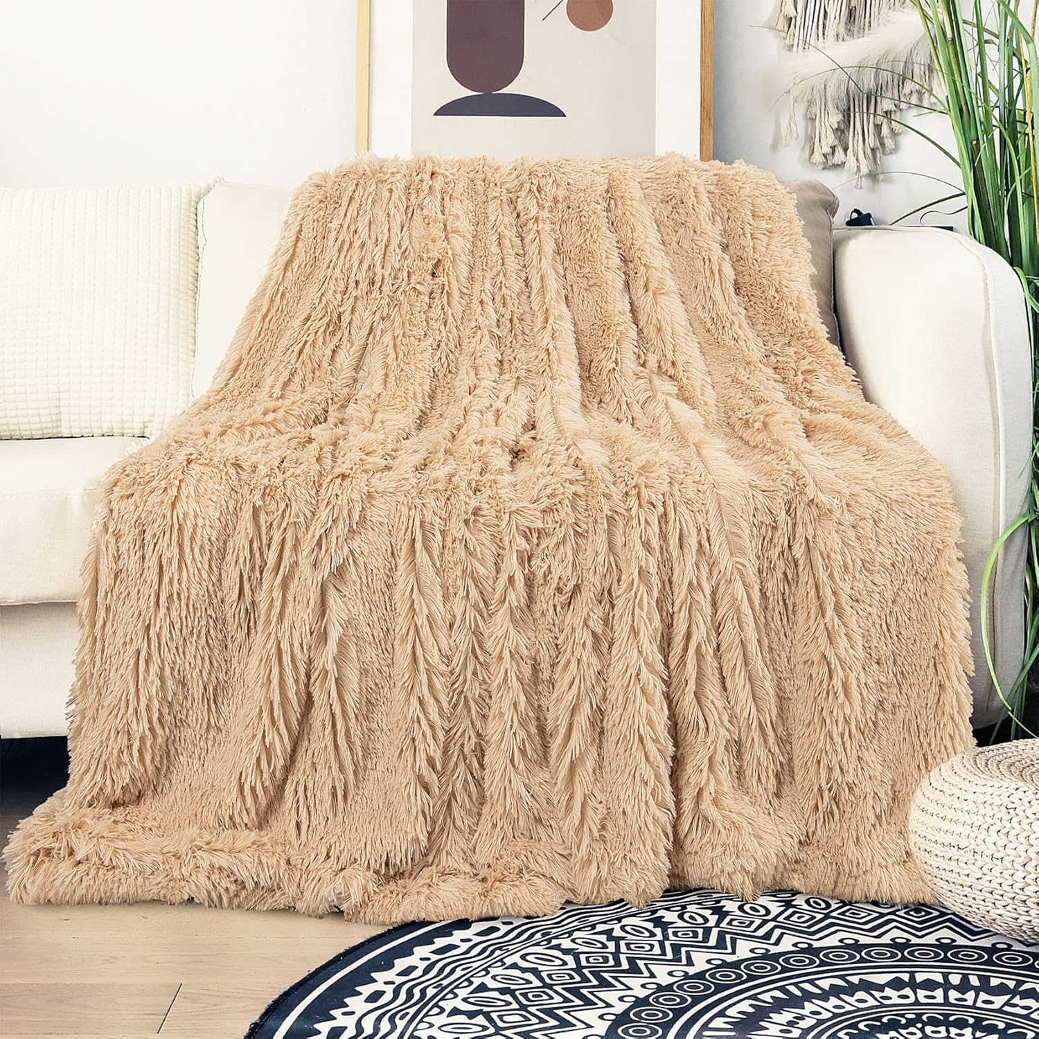 Tuddrom Faux Fur Throw Blanket - Extra Soft & Cozy Reversible Design | 50"x60" - Apricot Color