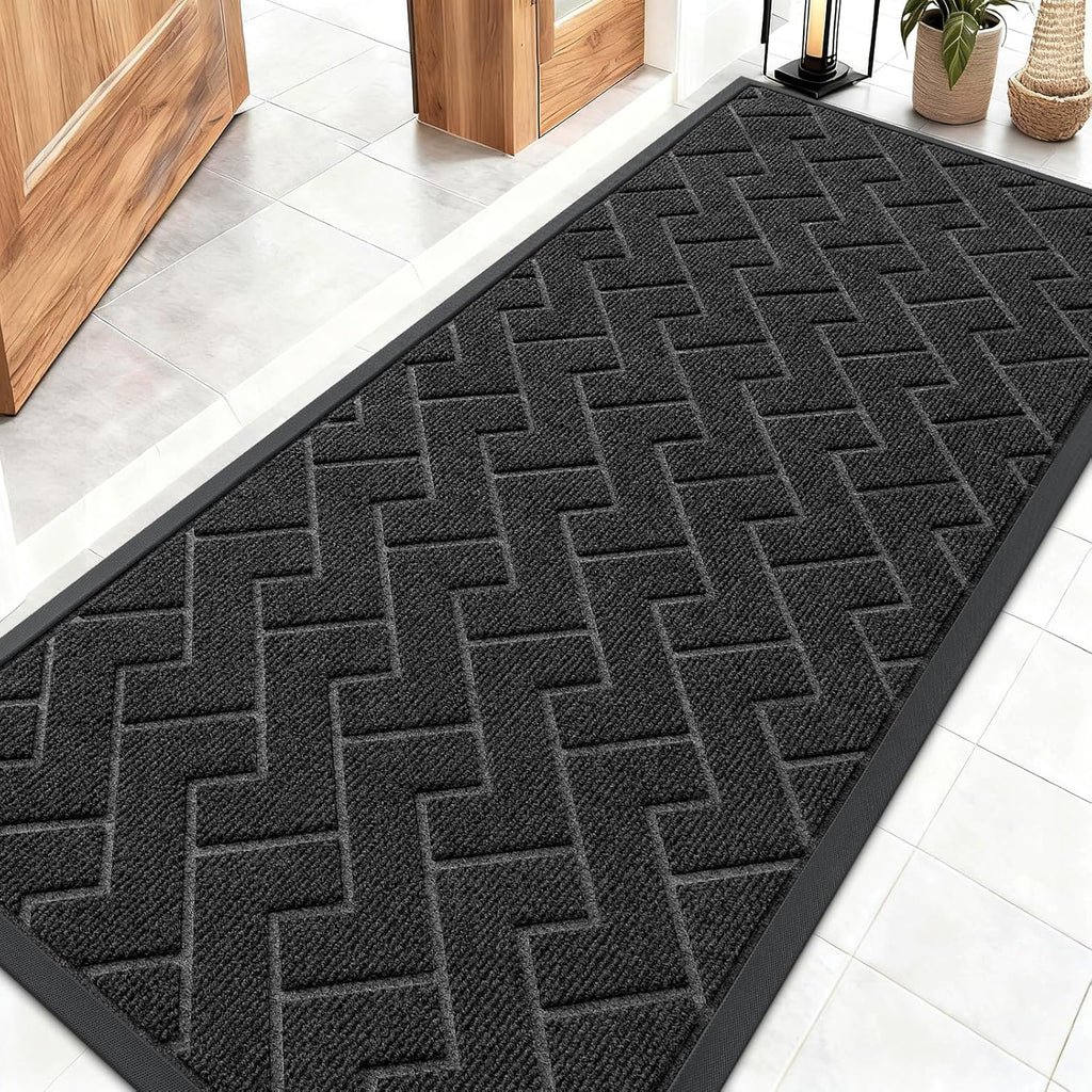 OLANLY Waterproof All-Season Front Door Mat - Sturdy Natural Rubber, Easy Clean Herringbone Design | Black, 59x23