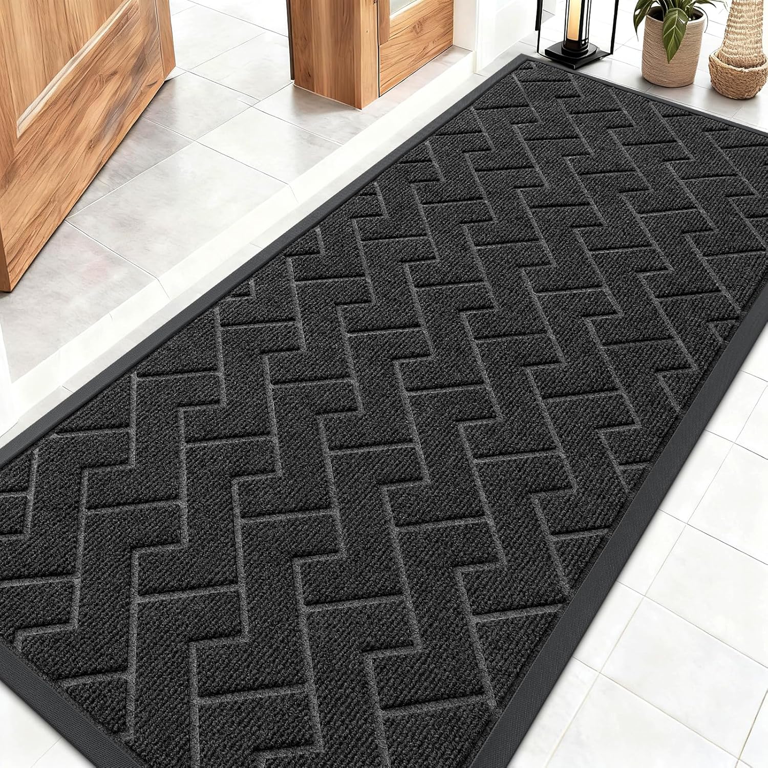 OLANLY Waterproof All-Season Front Door Mat - Sturdy Natural Rubber, Easy Clean Herringbone Design | Black, 59x23