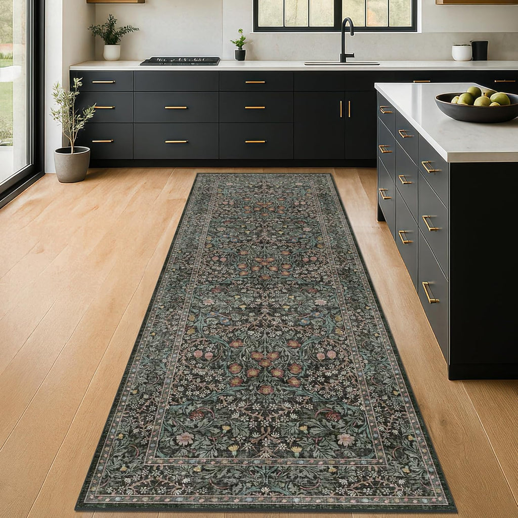 Skiennix 8ft Long Hallway Runner - Non-Slip, Washable Rubber Backing | Vintage Floral Dark Green & Black