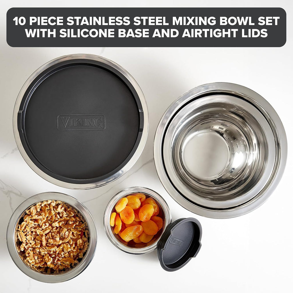 Viking 10-Piece Stainless Steel Mixing Bowls Set - Non-Slip Silicone Base & Tight Fit Lids | Dishwasher Safe, Black