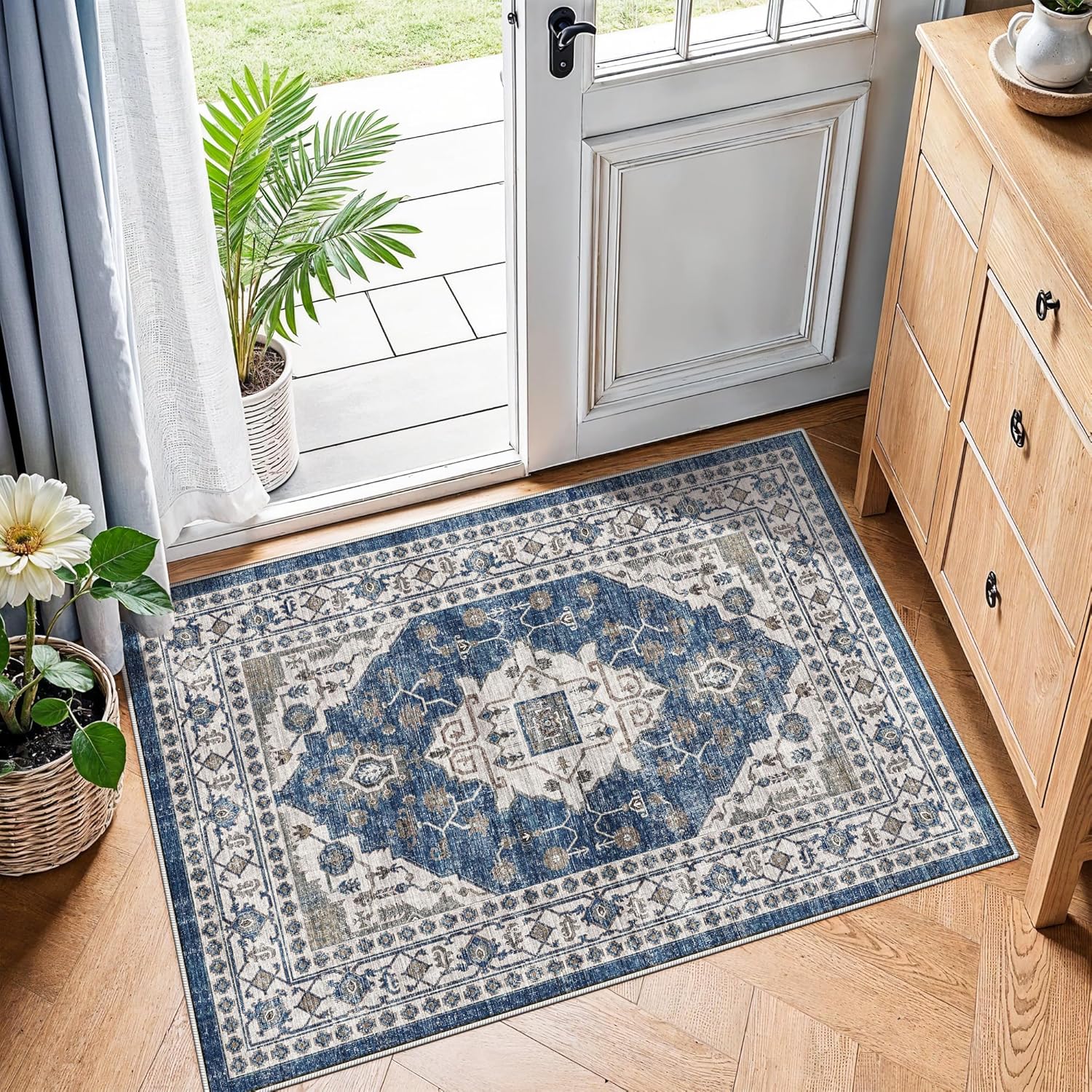 Skiennix Vintage Area Rug - Washable Soft Indoor Mat with Non-Slip Backing | 2x3 ft, Blue