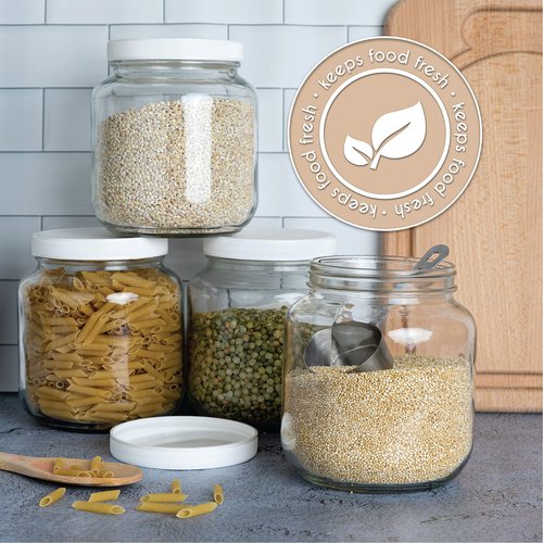 kitchentoolz Half Gallon Mason Jar 64oz – 4 Pack Wide Mouth Glass Jars with Foam-Lined Plastic Lid – Airtight Storage for Kombucha, Pickling, Canning – Big Mason Jars