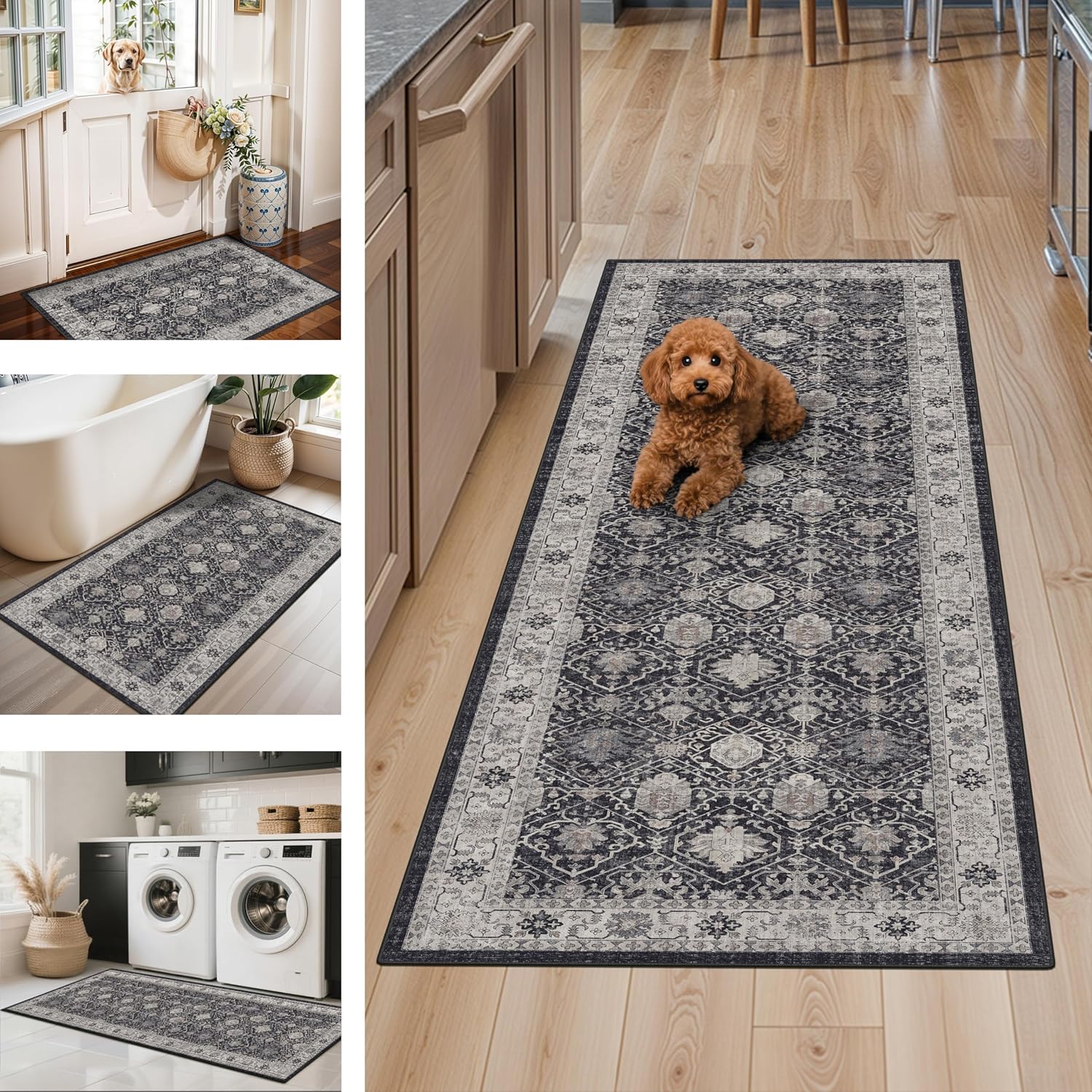 Skiennix Kitchen Rug Set - Farmhouse Washable Non-Slip Mats for Sink & Stove | Soft Cozy Runners (2x3, 2x4, 2x5, Black)