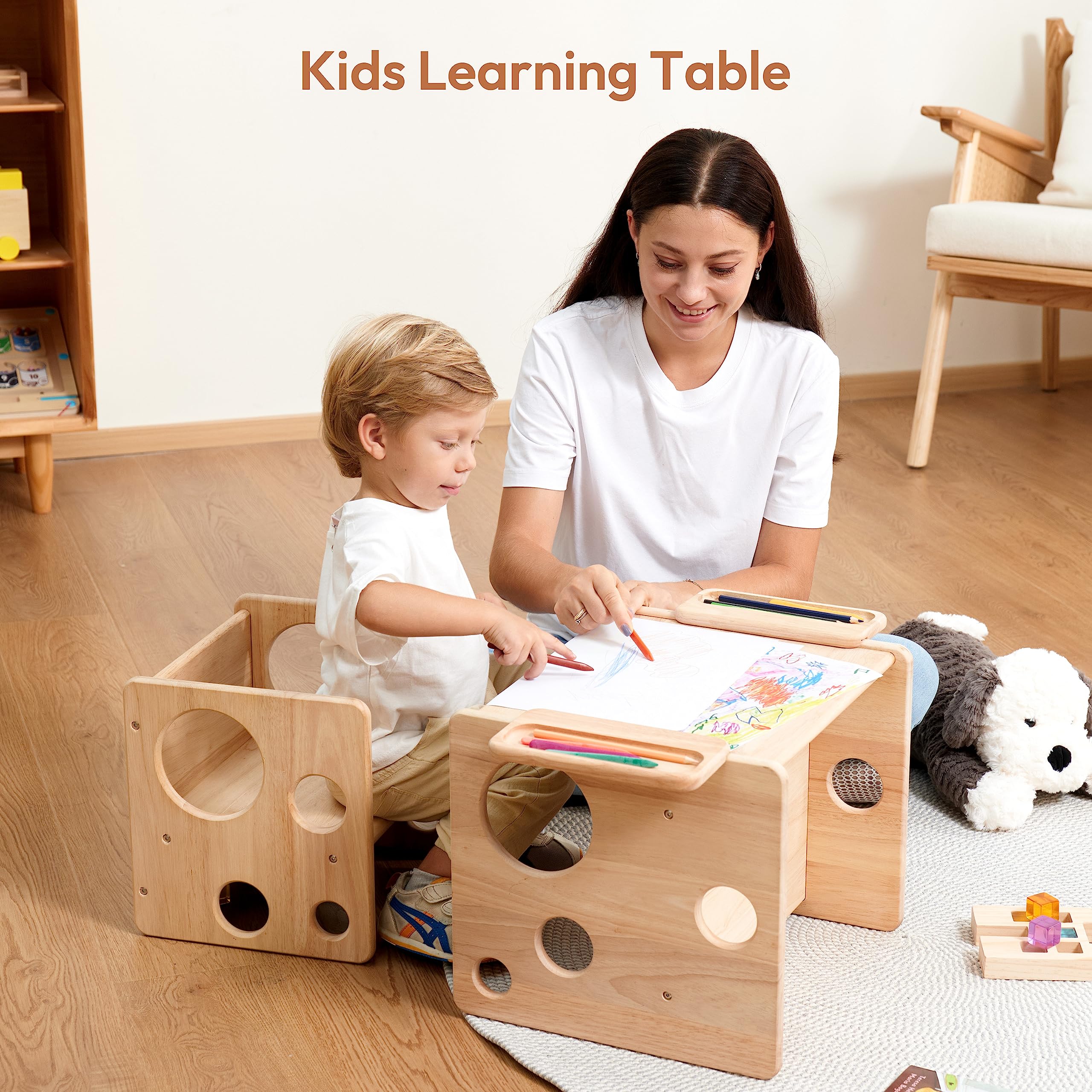 Woodtoe Montessori Weaning Table and Chair Set, Adjustable Toddler Table and Chair, Solid Wood Activity Table, Ideal for Learning, Mealtime and Play, Montessori Furniture for Baby Kids Boys Girls 1-3
