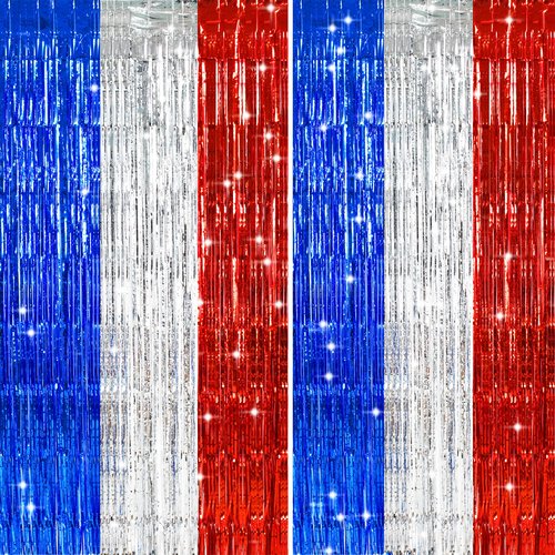 TONIFUL Red White and Blue Tinsel Foil Fringe Curtains,4th of July Decorations Independence Day Photo Booth Backdrop,Metallic Door Streamers for Patriotic Party Memorial Day Labor Day Supplies
