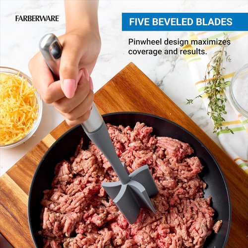 Farberware Professional Meat Masher - 5-Beveled Blade for Easy Mashing & Chopping | Heat-Resistant Nylon Head