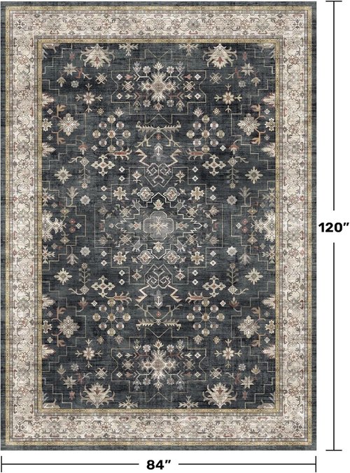 Hazo Haus Washable Black Farmhouse Area Rugs - 7x10 ft, Stain Resistant, Non-Slip for Living Room & Bedroom