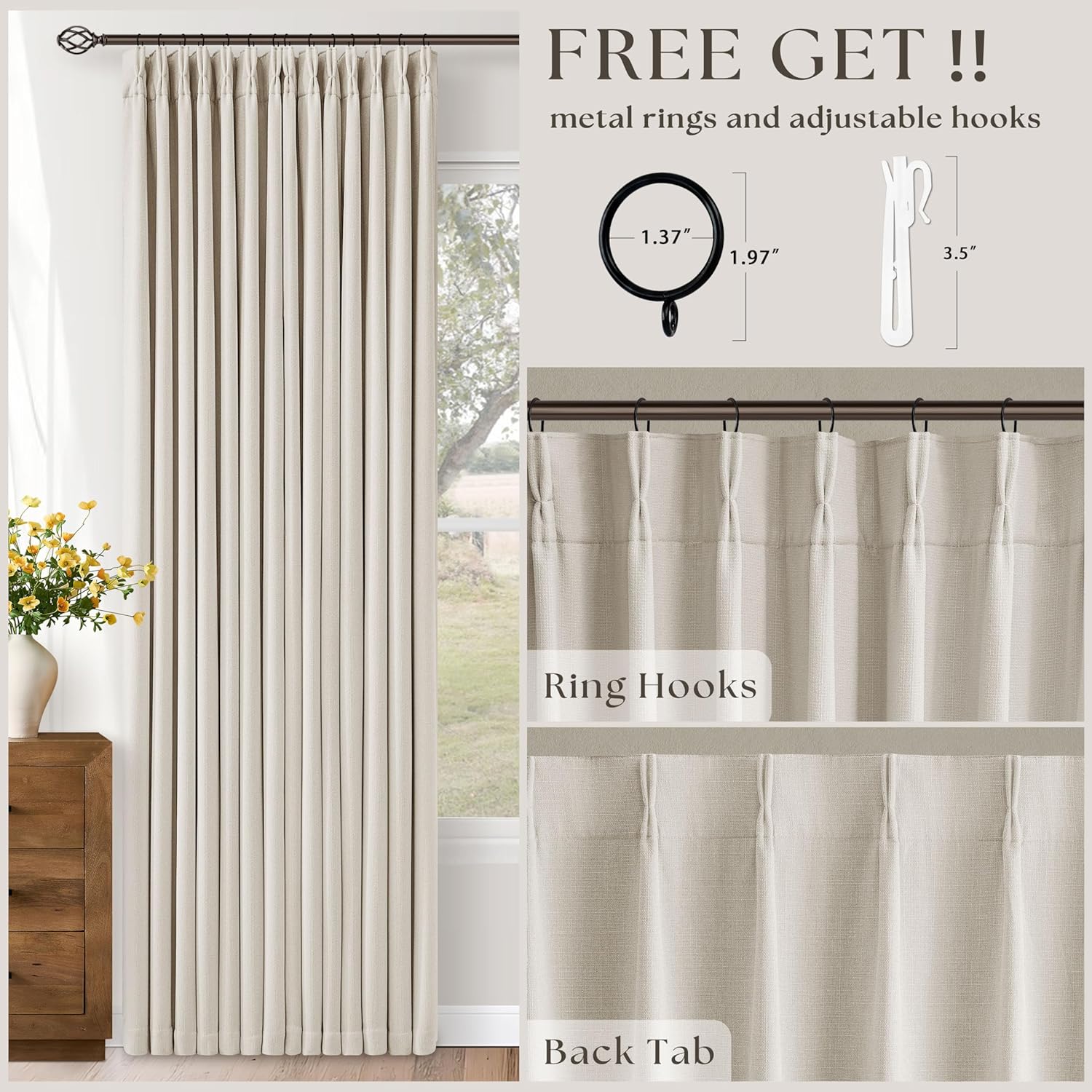 Skiennix 100% Blackout Linen Curtains - Pinch Pleat Design | 96 Inch Length, Cream Ivory Color, 2 Panels