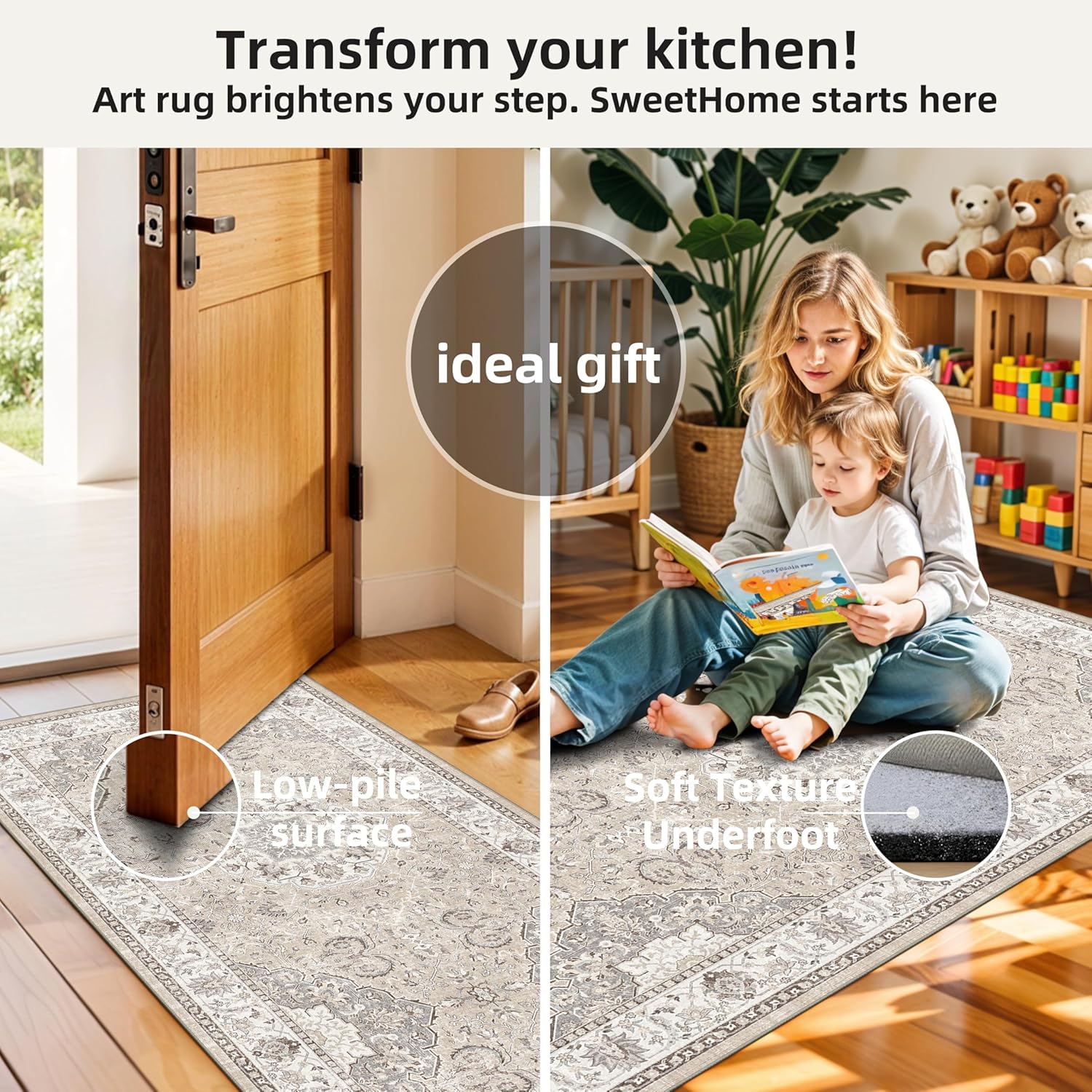 Skiennix Kitchen Rug Set - Washable Water-Resistant Soft Mats with Non-Slip Backing | Beige, 4-Piece Collection