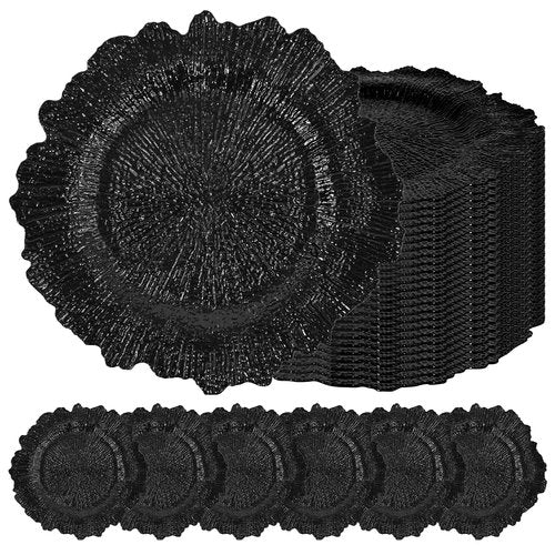 24 Pcs Black Charger Plates Bulk 13 Inch Plastic Charger Plates for Dinner Plate, Black Chargers for Table Setting, Reef Design Plate Floral Decorative Round Chargers for Wedding Party, Event