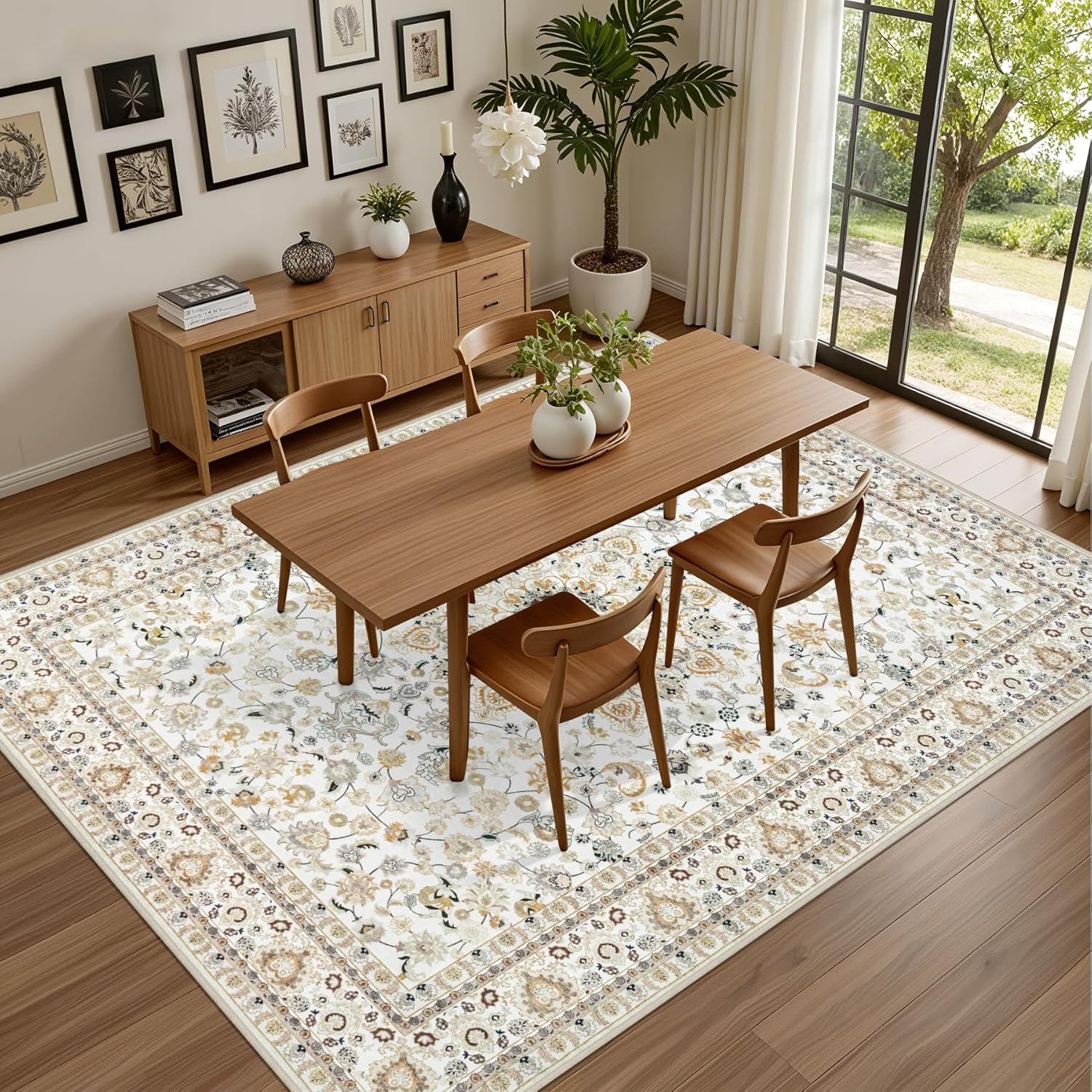 Skiennix 5x7 Area Rug - Washable Vintage Boho Design | Soft, Stain-Resistant Carpet for Living Room, Bedroom, and Office - Beige