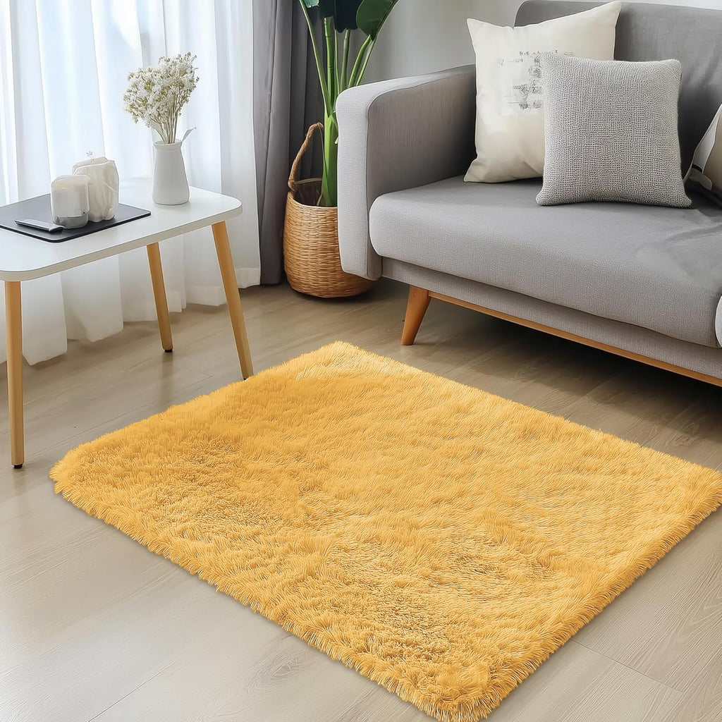 OLANLY Soft Fluffy Shaggy Bedside Rug - 3x5 Machine Washable Indoor Carpet in Mustard Yellow