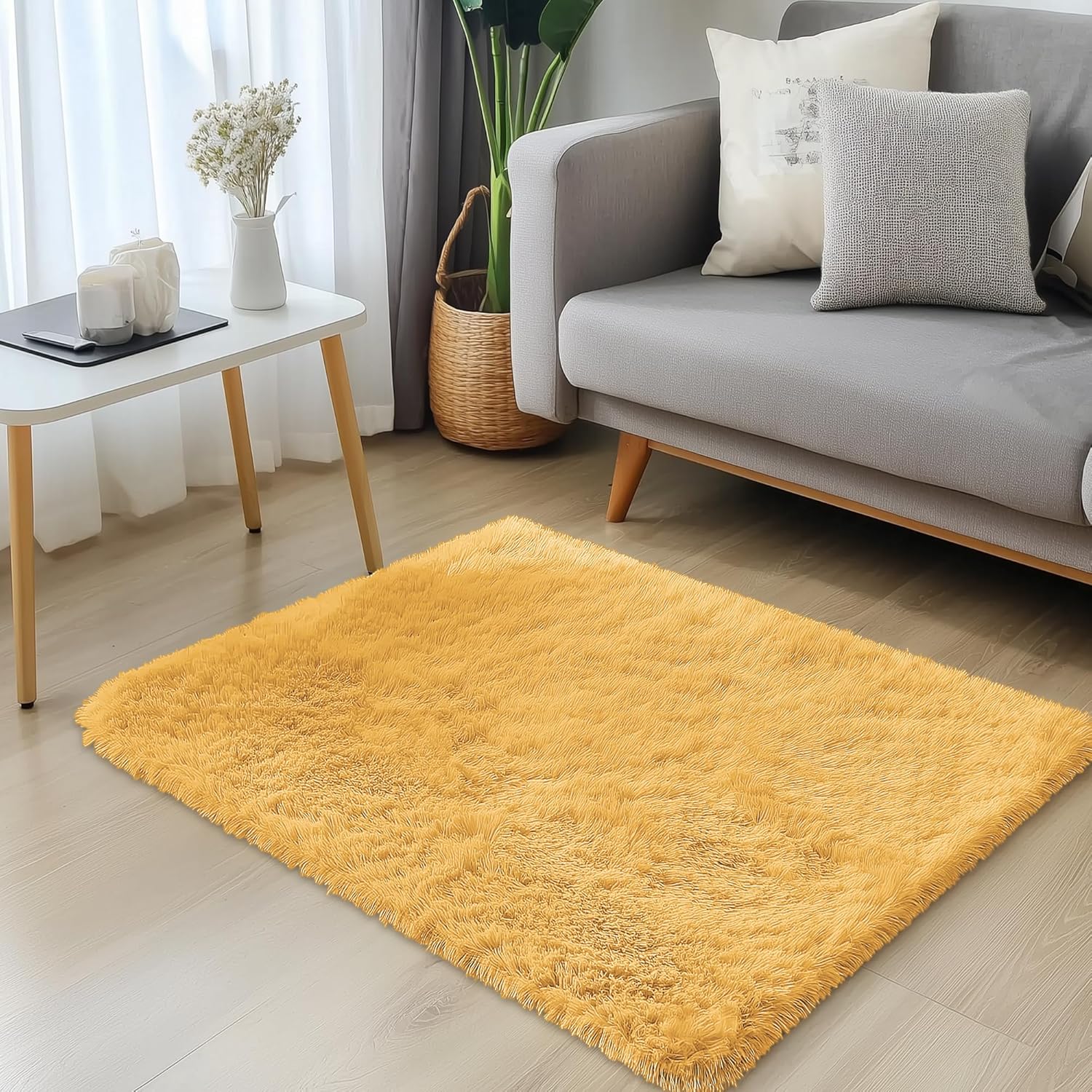 OLANLY Soft Fluffy Shaggy Bedside Rug - 3x5 Machine Washable Indoor Carpet in Mustard Yellow