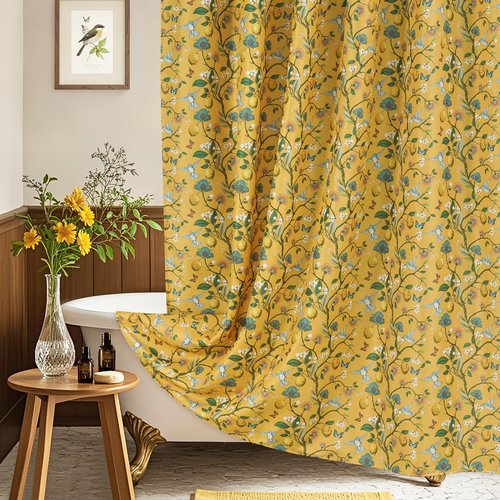 Fammio Floral Bird Shower Curtain, Boho Yellow Shower Curtain 72x72, Hummingbird Jungle Victorian Farmhouse Botanical Shower Curtain for Bathroom, Chic French Country Style