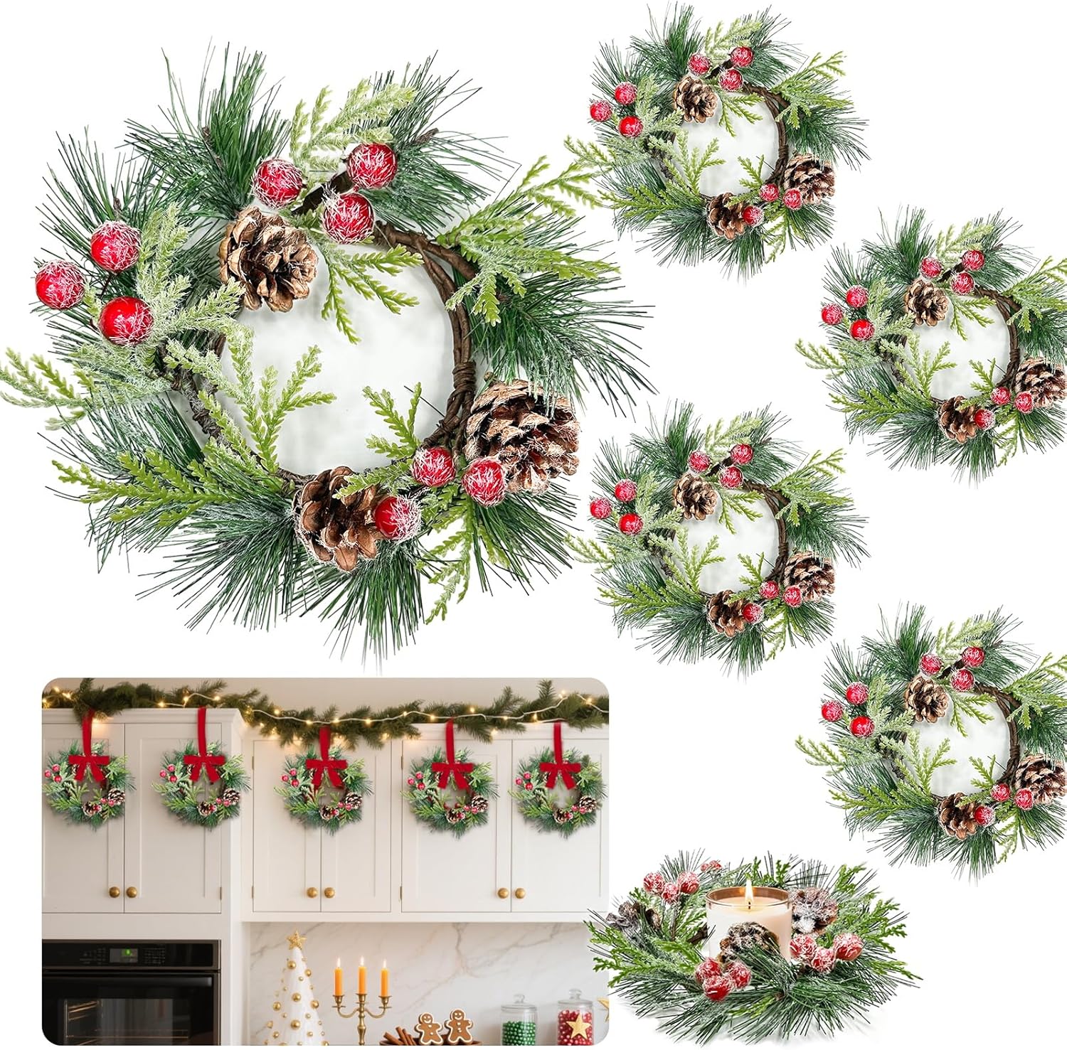 Skiennix 6 Pcs Mini Christmas Wreaths - 9 Inch Snowy Pinecone & Red Berry Candle Rings for Festive Decor