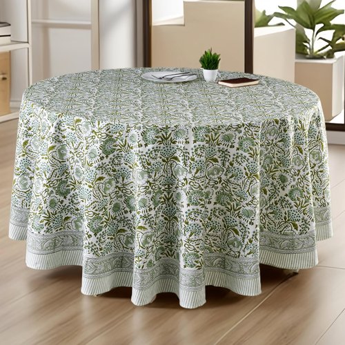 CPC Round Tablecloth- Cotton Indian Block Print Tablecloth -Handmade Printed Washable Cotton Table Cloth - Spring/Summer, Wedding Table Cover - Agate Green 72 Inch