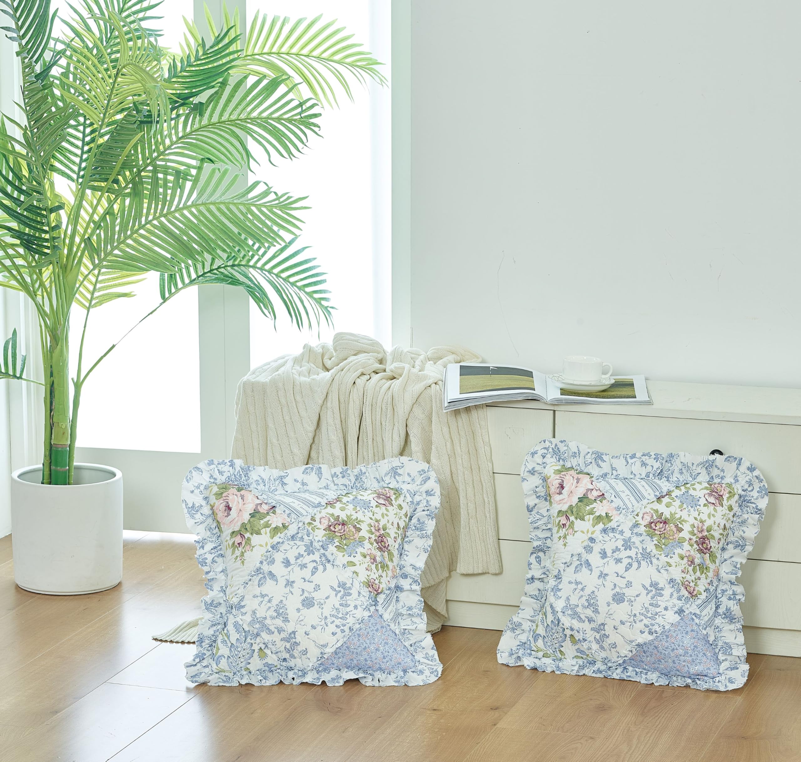 Brilliant Sunshine Blue Rose Patchwork Ruffle Pillowshams, Quilted Decorative Pillow Covers Set, Square Throw Cushion Cases for Couch, Reclining Chair, Car, Bed, 18x18, Pack of 2, Blue Rose