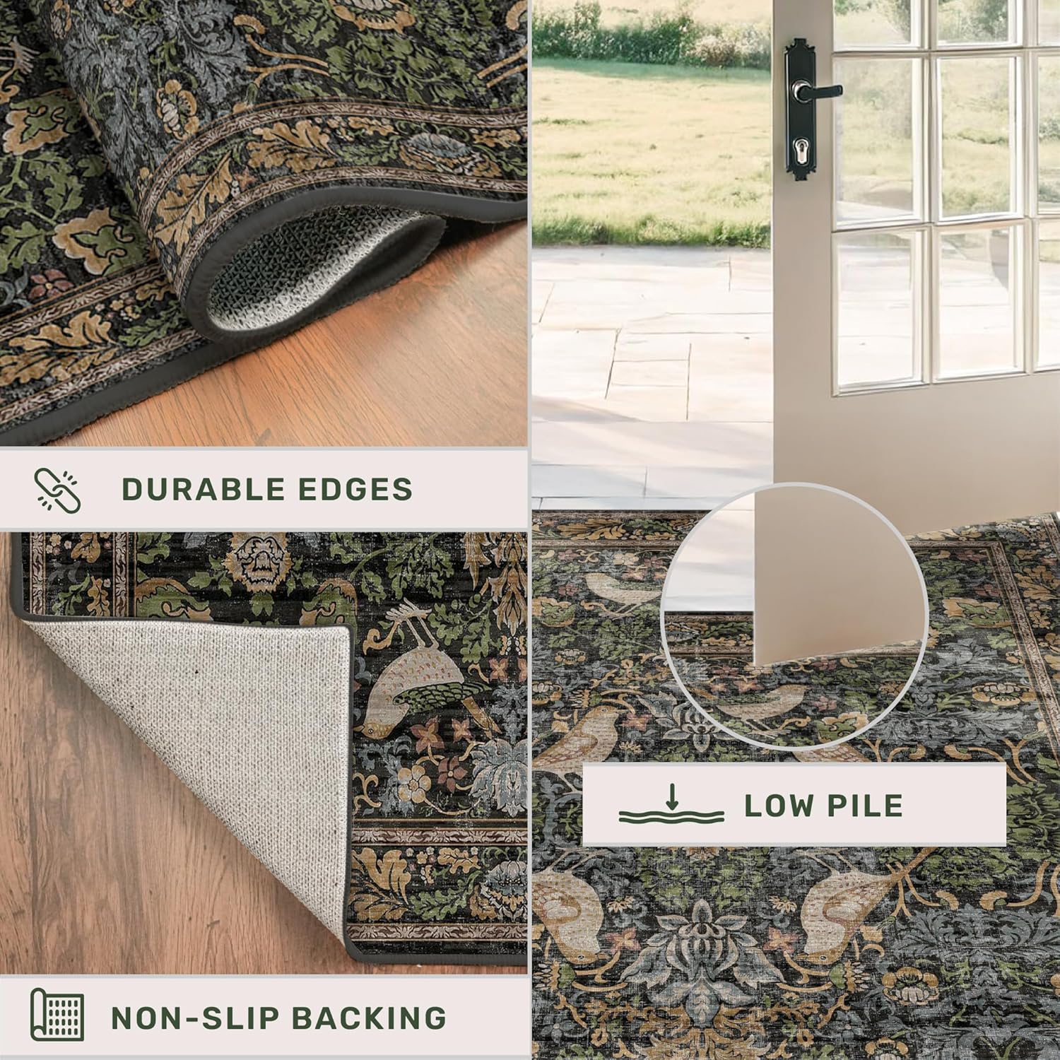 Skiennix Large Entryway Rug - 3x5 Washable Indoor Mat with Moody Woodland Flowers | Non-Slip, Stain Resistant