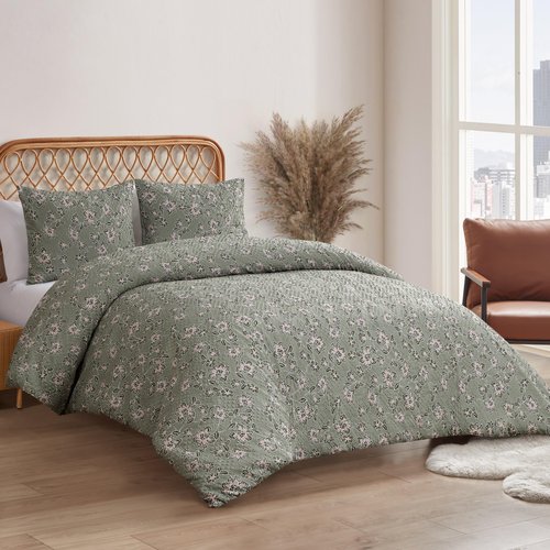 Jessica Simpson Botanical Embossed Sage Green Duvet Cover Set Queen/Full Size Bedding Set Ensemble - 3 Piece Set