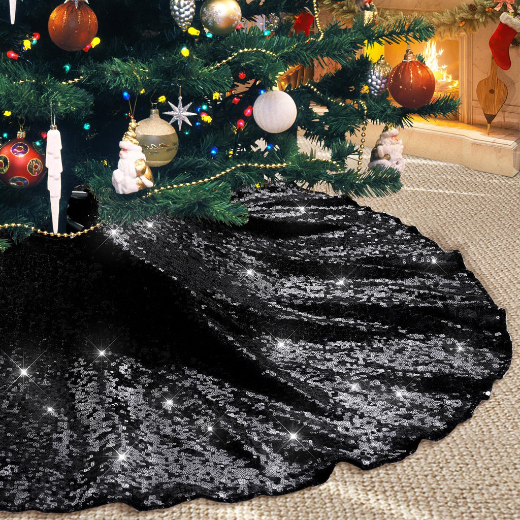 Poise3EHome Black Christmas Tree Skirt, 36 Inch Sparkle Sequin Mat for 6ft Tree Halloween Xmas Party Decor