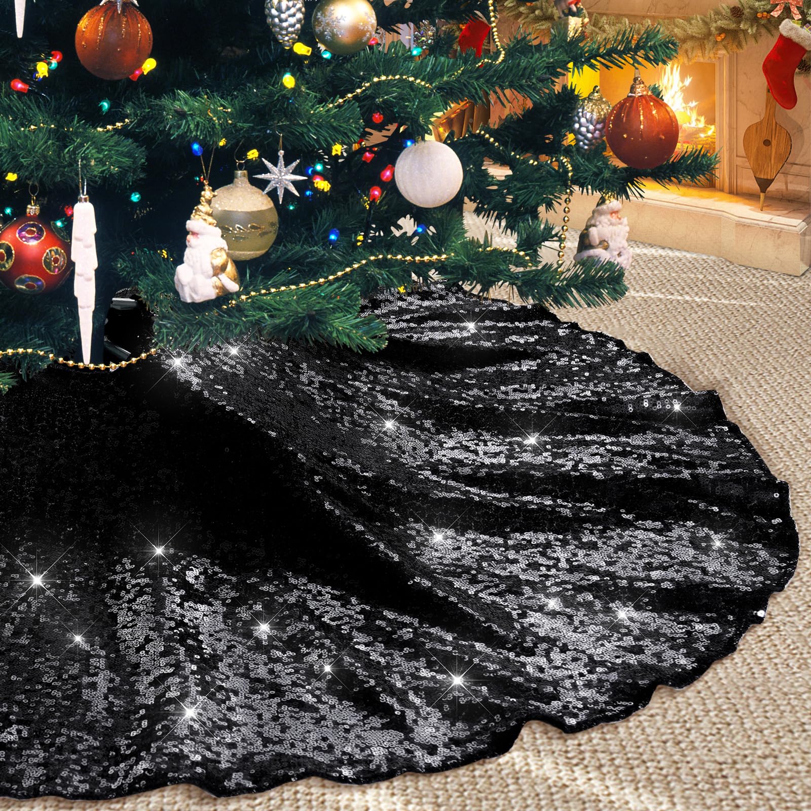 Poise3EHome Black Christmas Tree Skirt, 36 Inch Sparkle Sequin Mat for 6ft Tree Halloween Xmas Party Decor