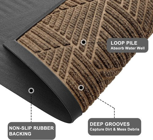 Kitinjoy Heavy-Duty Rubber Front Door Mat - Sturdy Dirt Trapper with Non-Slip Backing | 29.5x17 Inch, Brown