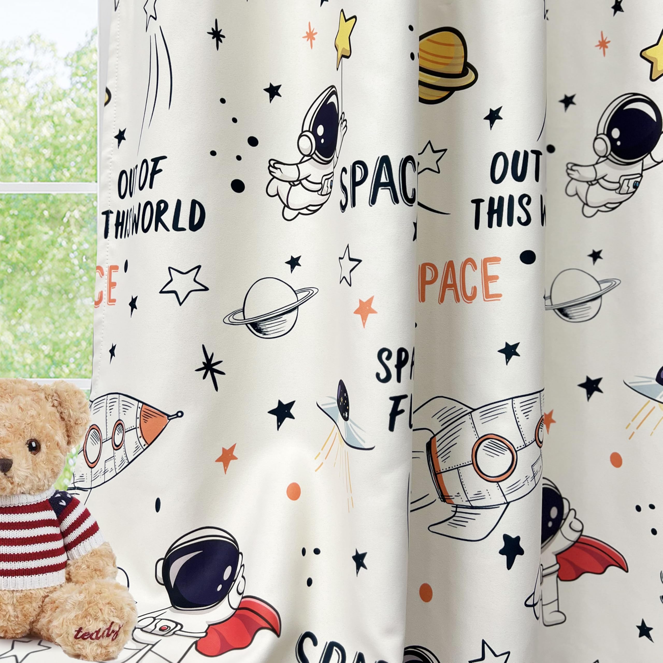 Cartoon Astronaut Semi Blackout Curtains for Kids Room Nursery Space Planets Patterns Printed Drapes for Bedroom Living Room Privacy Room Darkening Window Treatment Grommet Top 1 Panel W42 x L63 Inch